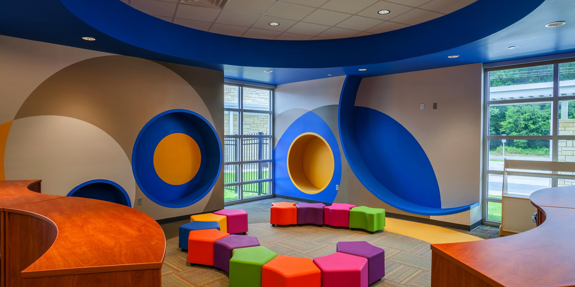 Colorful seating area inside Hamshire Fannett